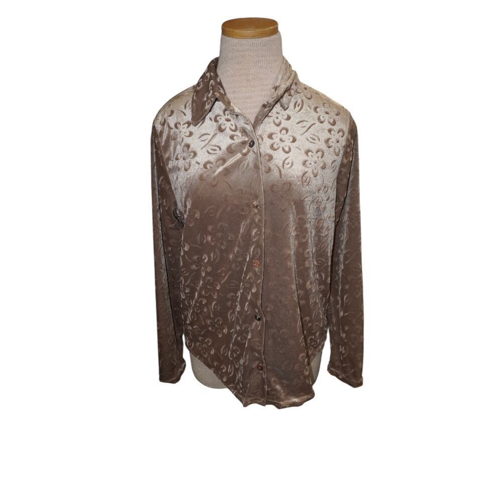 Brown Burnout Velvet Floral Button Up Blouse Long Sleeve Women’s Medium